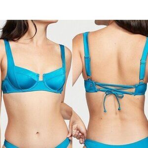36C VICTORIAS SECRET SWIM Lace Up Back Strappy Bikini Top Bright Blue Teal nwt